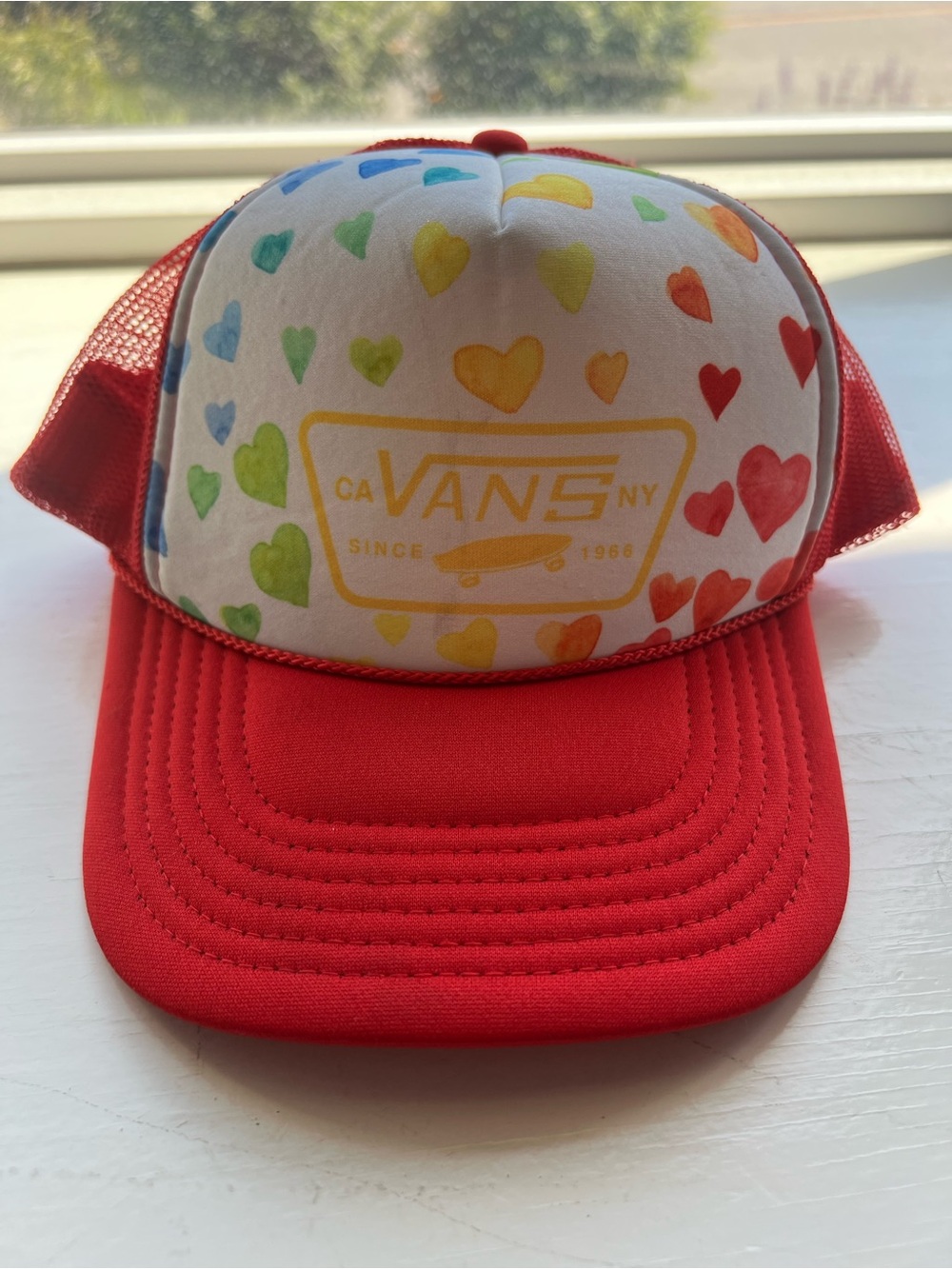 Vans Red Mesh Hearts Snap Back Hat, O/S